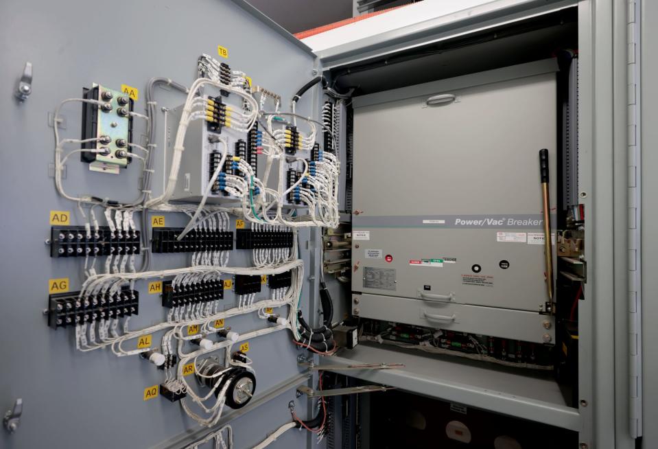 Containers with electrical equipment at the Temple substation in Detroit on July 25, 2023, have replaced most of the old Charlotte substation which has working equipment inside the building that was built in 1925.