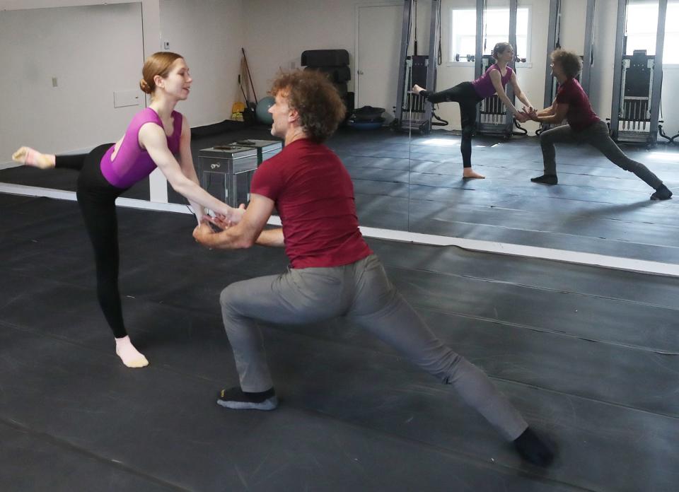 Dancers Lieneke Matte and Brian Murphy rehearse in his at-home studio for the event "Resilient Minds: Artistry after Injury." Murphy suffered a traumatic brain injury after a bike accident in 2022 and has recovered after brain surgery.