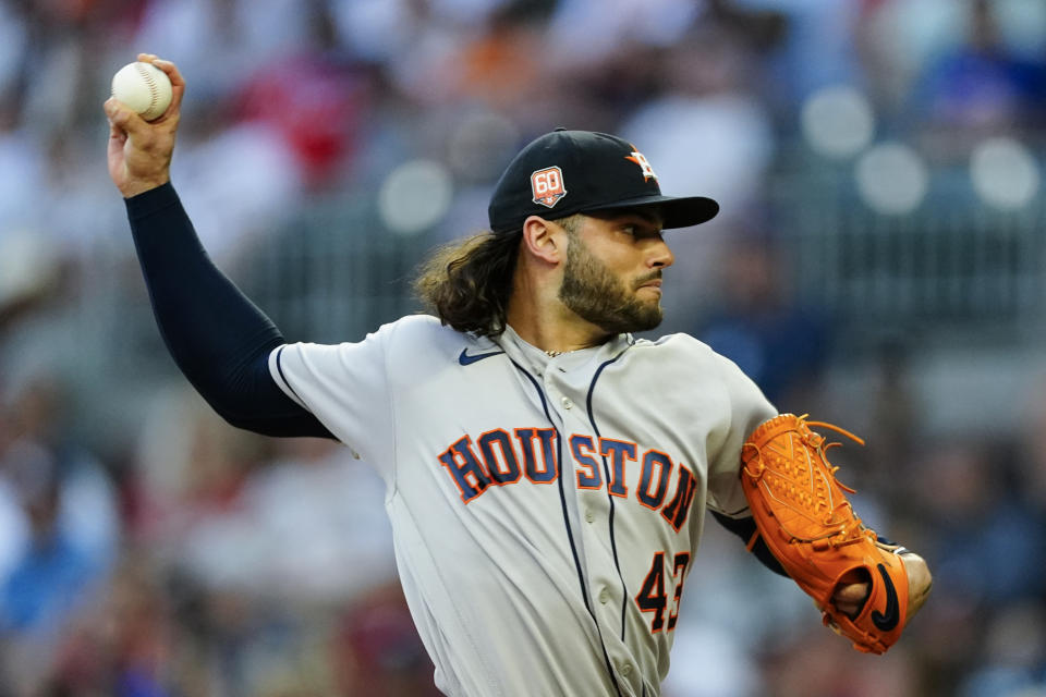Houston Astros starting pitcher Lance McCullers Jr. (43) works against the Atlanta Braves in the first inning of a baseball game Friday, Aug. 19, 2022, in Atlanta. (AP Photo/John Bazemore)
