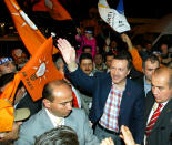 <p>Turkish Prime Minister Tayyip Erdogan greets party supporters celebrating their victory in the nationwide local elections in Ankara March 28, 2004. Turkey’s conservative ruling party won a strong mandate in Sunday’s local elections to press ahead with economic and political reforms aimed at taking the Muslim country of 70 million people into the European Union. (Stringer/Reuters) </p>