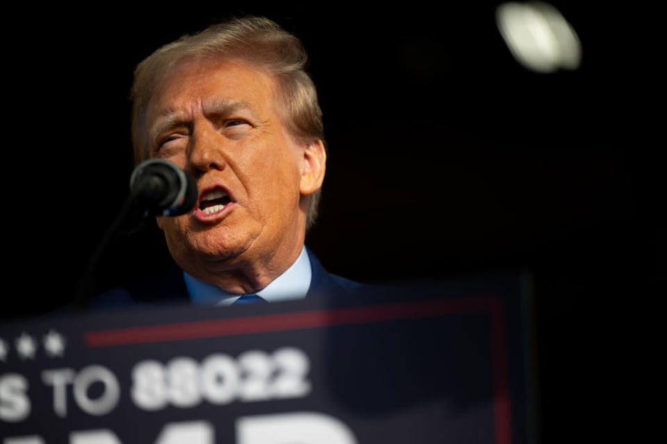 Republican presidential candidate former U.S. President Donald Trump speaks during a campaign rally at Trendsetter Engineering Inc