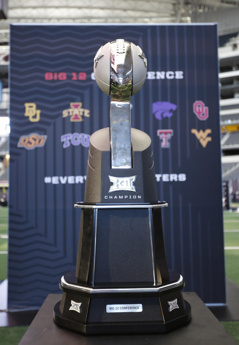 The Big 12 Conference trophy is displayed at the Big 12 Conference media days in Arlington, Texas, Monday, July 15, 2019. (AP Photo/David Kent)