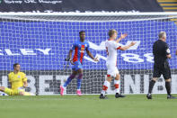 Crystal Palace's Wilfried Zaha reacts during the English Premier League soccer match between Crystal Palace and Southampton, at Selhurst Park, London, Saturday, Sept. 12, 2020. (Richard Heathcote, Pool via AP)