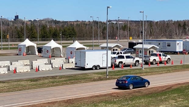 This photo shows the checkpoint on the P.E.I. side of the Confederation Bridge. Anyone wanting to travel to the Island starting June 27 is advised to apply for a PEI Pass, which will include their proof-of-vaccine information.  (Kirk Pennell/CBC - image credit)