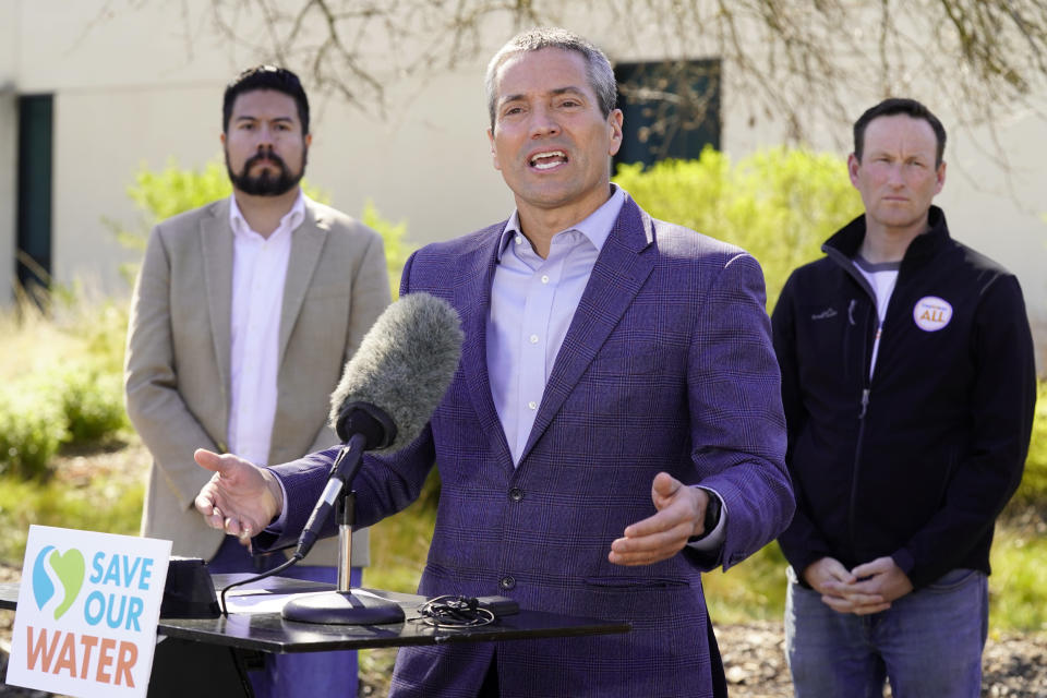 California Resources Secretary Wade Crowfoot calls for water conservation during a news conference in Sacramento, Calif., on Thursday, March 10, 2022. State water officials are preparing to tell major urban and agricultural water agencies on Friday, March 18, 2022, that they'll get even less water from state supplies than the small amount they were promised at the start of the year. Crowfoot said that local or regional governments might issue their own mandatory water restrictions. (AP Photo/Rich Pedroncelli)