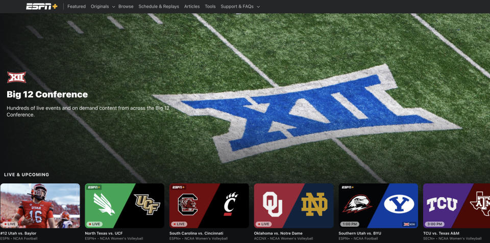 Live streams of BYU games through ESPN+ can be accessed through the Big 12 Conference tab on the website or app. | ESPN+ screenshot