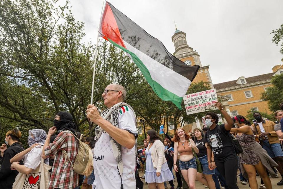 University of North Texas students and faculty march around campus in support of Palestine for the Campus Wide Walkout for Gaza at the campus Library mall on Tuesday, April 30, 2024.