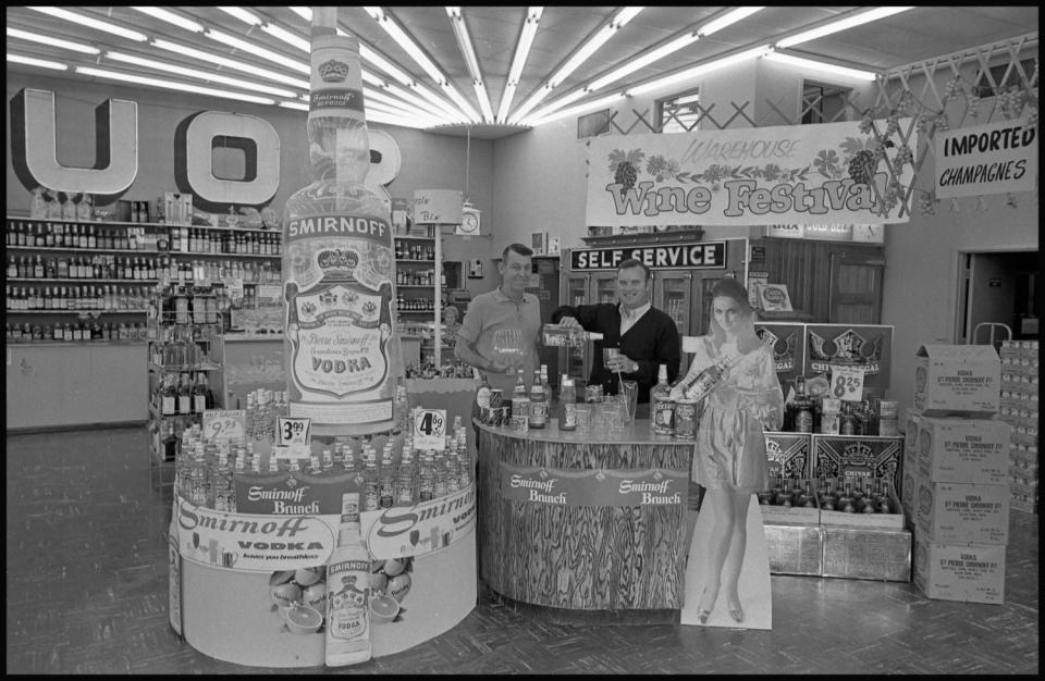 Texas owners of "bottle stores" or "package stores" generally opposed liquor by the drink because they sold the bottles of alcohol, packaged in brown paper, that were then taken by customers to restaurants, bars and clubs, which supplied the "mixers." This display advertises the "Smirnoff Brunch," a promotion accompanied by "The Smirnoff Brunch Book" in 1971.