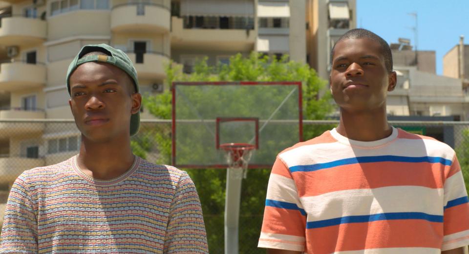 Ral Agada as Thanasis Antetokounmpo and Uche Agada as Giannis in "Rise," streaming on Disney+ starting June 24.