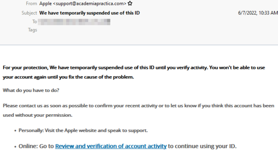 A screenshot of a scam email purporting to be from Apple.