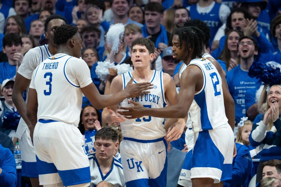 Kentucky Wildcats celebrate Reed Sheppard’s (15) play during their game against the Gonzaga Bulldogs on Saturday, Feb. 10, 2024 at Rupp Arena.