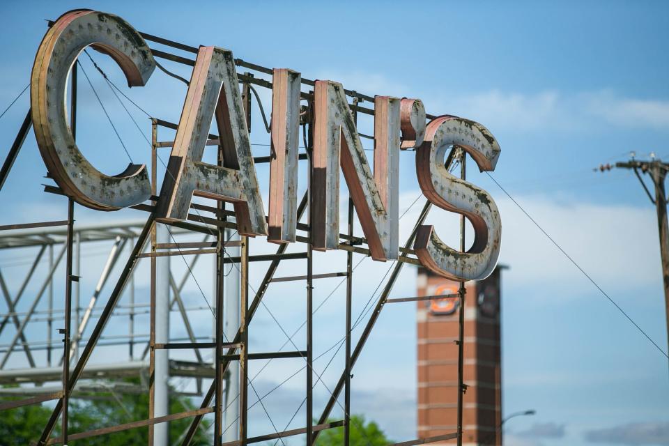 The Cain's Ballroom sign is seen from the OKPOP building in Tulsa on Saturday, May 7, 2022.