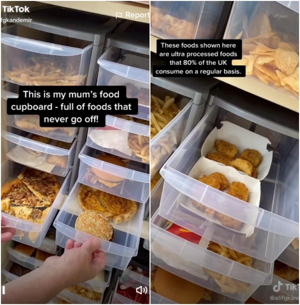 Two photos from a TikTok video showing processed foods like chicken nuggets and fries in clear slide-out bins. The caption on the left says 