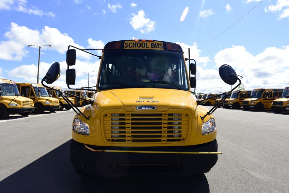 One of the many school busses parked at the Port Huron Area School District Bus Depot on Thursday, August 11, 2022. Nationwide, schools are experiencing a bus driver shortage. In St. Clair and Sanilac counties, the issue is a mixed bag. Some districts are fine while others are needing coverage.