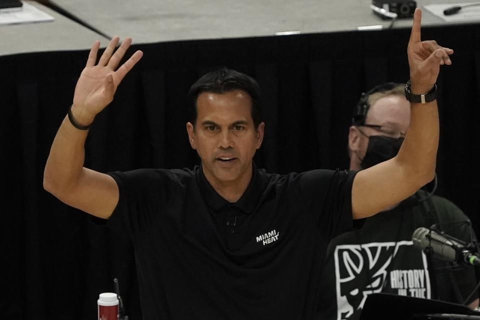Miami Heat head coach Erik Spoelstra reacts during the first half of Game 1 of their NBA basketball first-round playoff series against the Milwaukee Bucks Saturday, May 22, 2021, in Milwaukee. (AP Photo/Morry Gash)
