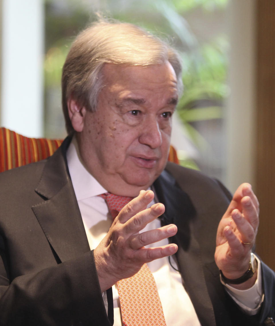 U.N. Secretary General Antonio Guterres speaks to The Associated Press, in Lahore, Pakistan, Tuesday, Feb. 18, 2020. Guterres said Tuesday that the coronavirus outbreak that began in China "is not out of control but it is a very dangerous situation." Antonio Guterres said that "the risks are enormous and we need to be prepared worldwide for that." The outbreak has infected more than 73,000 people globally. (AP Photo/K.M. Chaudhry)