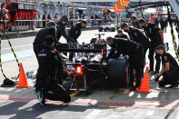 NUERBURG, GERMANY - OCTOBER 10: Valtteri Bottas of Finland driving the (77) Mercedes AMG Petronas F1 Team Mercedes W11 stops in the Pitlane during qualifying ahead of the F1 Eifel Grand Prix at Nuerburgring on October 10, 2020 in Nuerburg, Germany. (Photo by Wolfgang Rattay - Pool/Getty Images)