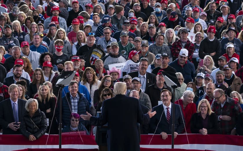 President Donald Trump speaks during a campaign rally at Bemidji Regional Airport, Friday, Sept. 18, 2020, in Bemidji, Minn. (AP Photo/Evan Vucci)