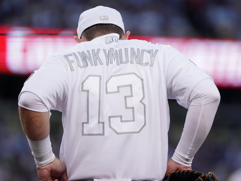 LOS ANGELES, CA - AUGUST 23: Los Angeles Dodgers first baseman Max Muncy (13) wears his nickname on the back of his all white uniform at Dodger Stadium in Los Angeles on Friday, Aug. 23, 2019. (Photo by Scott Varley/MediaNews Group/Torrance Daily Breeze via Getty Images)