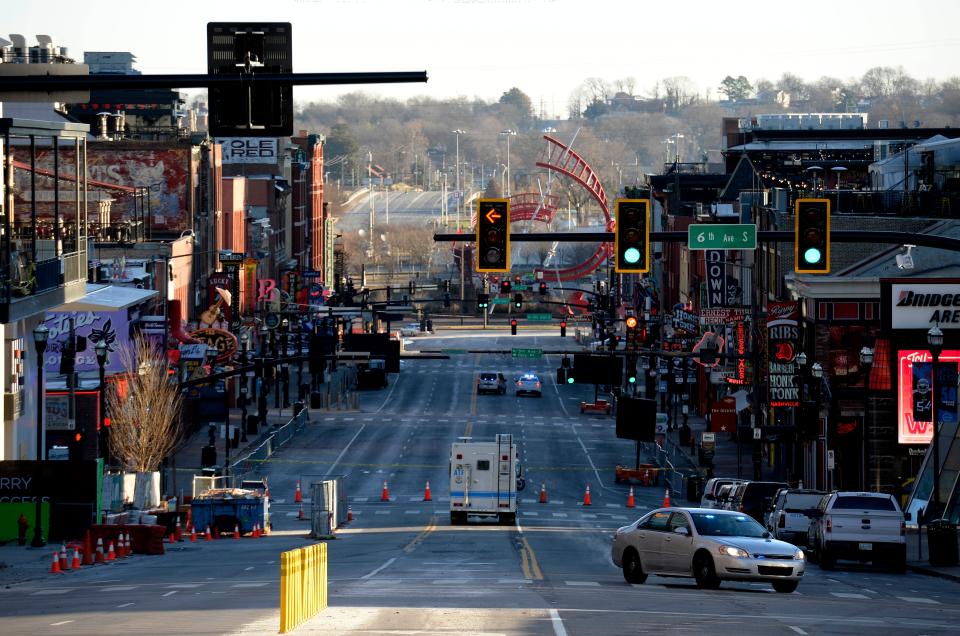 Streets near the crime scene wherelaw enforcement members investigate the Christmas Day explosion are closed on Saturday, December 26, 2020 in Nashville, Tenn. Authorities believe an RV parked on Second Ave. caused the explosion in an “intentional act,” and several blocks in downtown Nashville are sealed off as the FBI, and other local, state and federal agencies continue their investigation. 