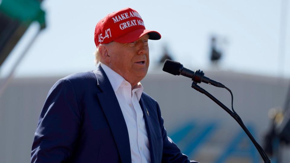 PHOTO: Republican presidential candidate former President Donald Trump speaks at a rally at the Aero Center Wilmington on Sept. 21, 2024 in Wilmington, N.C. (Anna Moneymaker/Getty Images)