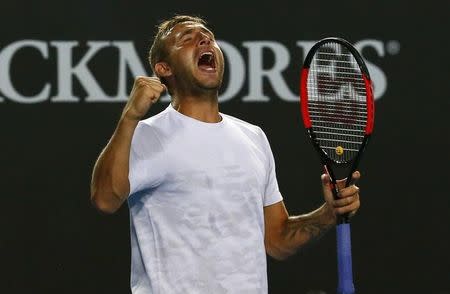 Tennis - Australian Open - Melbourne Park, Melbourne, Australia - 18/1/17 Britain's Daniel Evans celebrates winning his Men's singles second round match against Croatia's Marin Cilic. REUTERS/Edgar Su