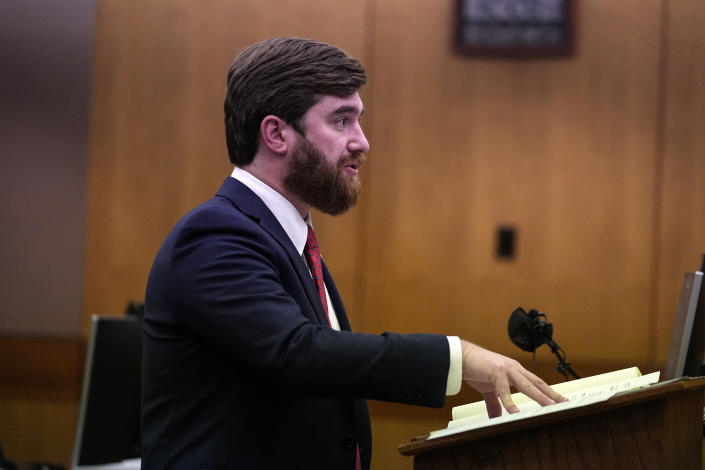 Donald Wakeford, with the Fulton County District Attorney's Office, argues against the release of the final report by a special grand jury looking into possible interference in the 2020 presidential election Tuesday, Jan. 24, 2023, in Atlanta. (AP Photo/John Bazemore)