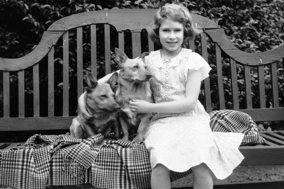 July 1936: Princess Elizabeth sitting on a garden seat with two corgi dogs at her home on 145 Piccadilly, London. (Photo by Lisa Sheridan/Studio Lisa/Hulton Archive/Getty Images)