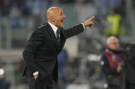 Italy coach Luciano Spalletti gestures during an Euro 2024 group C qualifying soccer match between Italy and North Macedonia, at the Olympic stadium, in Rome Friday, Nov. 17, 2023. (AP Photo/Andrew Medichini)