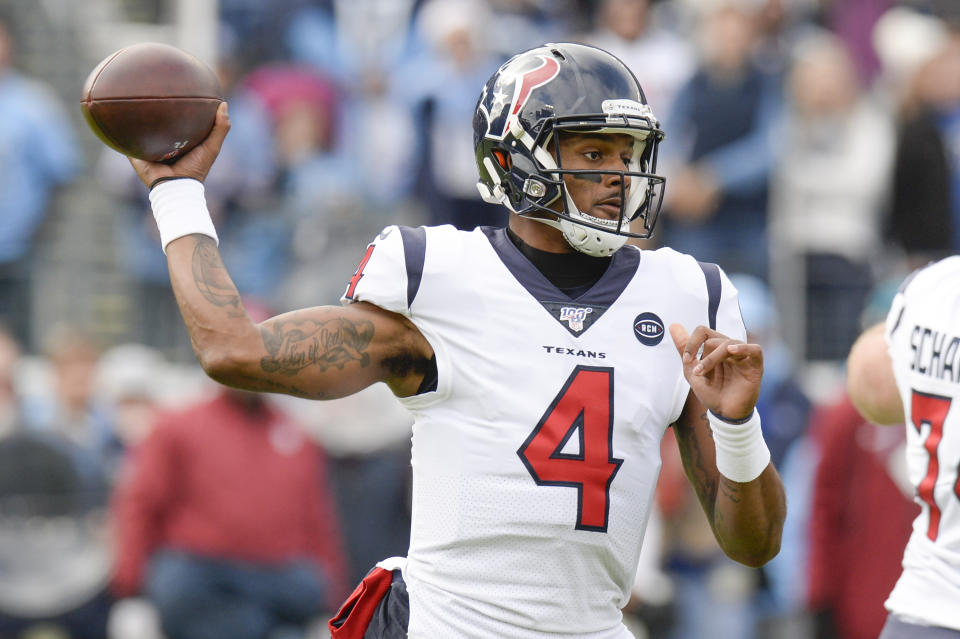 Houston Texans quarterback Deshaun Watson passes against the Tennessee Titans in the first half of an NFL football game Sunday, Dec. 15, 2019, in Nashville, Tenn. (AP Photo/Mark Zaleski)