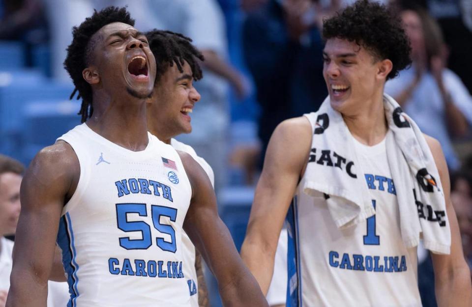 North Carolina’s Harrison Ingram (55) lets out a yell after a dunk by teammate James Okonkwo (32) to give the Tar Heels’ a 117-53 victory against St. Augustine’s on Friday, October 27, 2023 at the Smith Center in Chapel Hill, N.C.