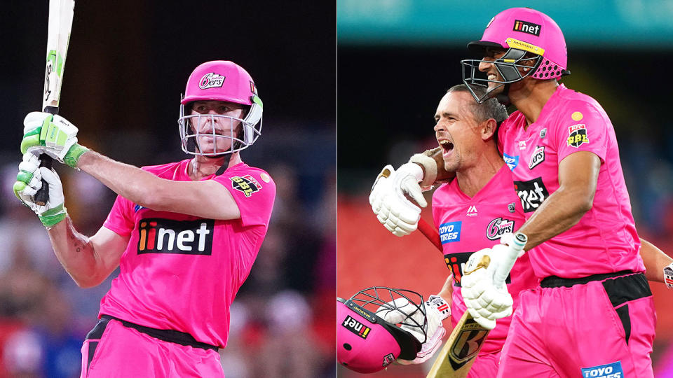 Seen here, Daniel Hughes smashes as shot as Sixers teammates celebrate their win in the BBL.