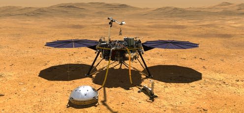 <span class="caption">The Mars InSight lander.</span> <span class="attribution"><span class="source">NASA/JPL-Caltech</span>, <a class="link " href="http://creativecommons.org/licenses/by-sa/4.0/" rel="nofollow noopener" target="_blank" data-ylk="slk:CC BY-SA;elm:context_link;itc:0;sec:content-canvas">CC BY-SA</a></span>