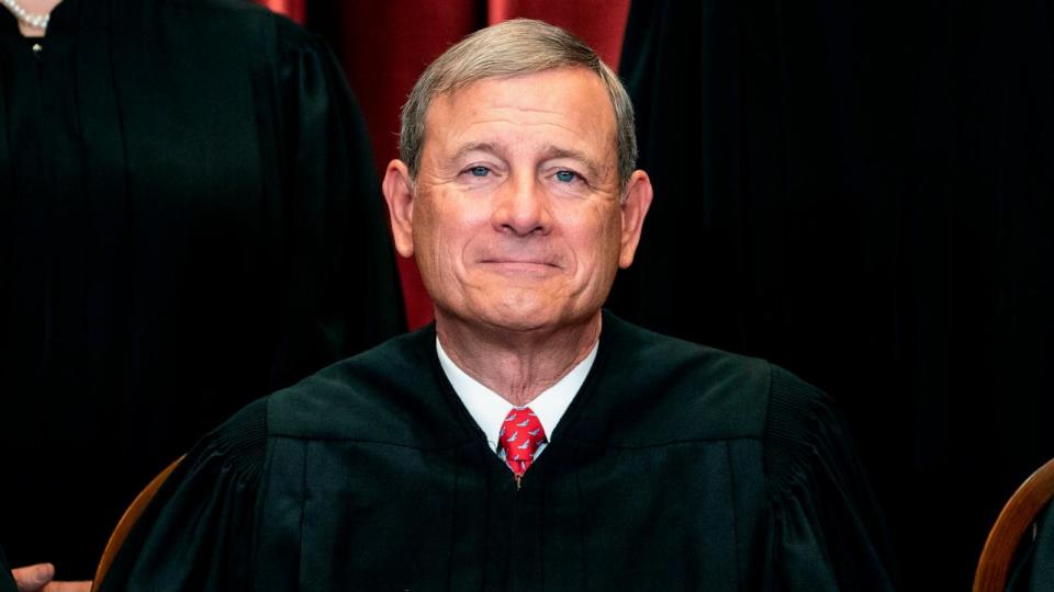 PHOTO: In this April 23, 2021 file photo, Chief Justice John Roberts sits during a group photo at the Supreme Court in Washington.  (Erin Schaff/AP, FILE)