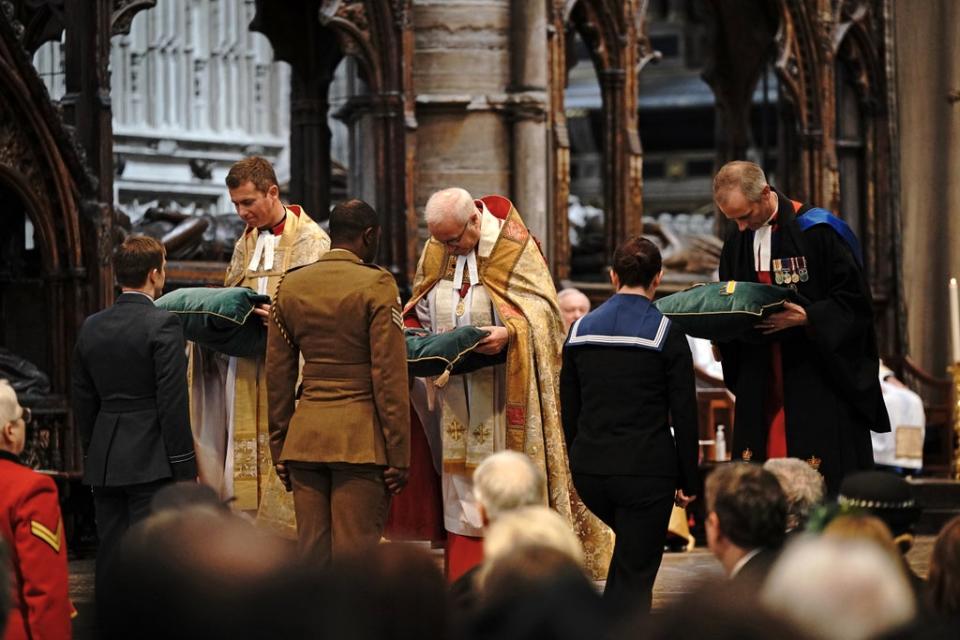 Medals belonging to Dame Vera Lynn on display during the Service of Thanksgiving for the Forces' sweetheart at Westminster Abbey (PA)