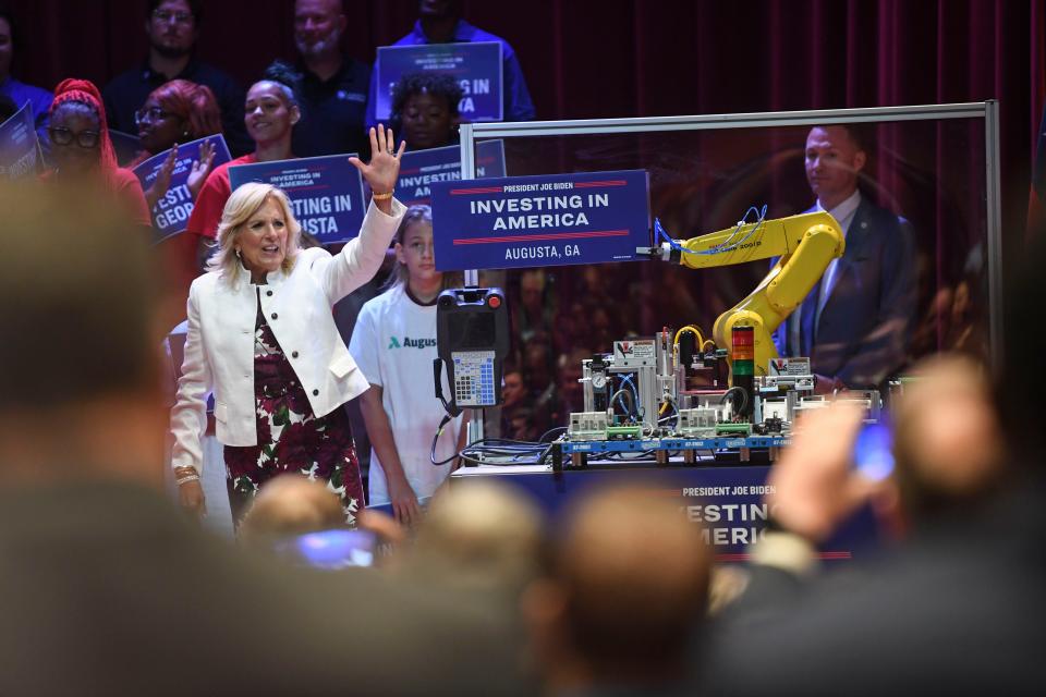 First Lady Jill Biden waves to the crowd on Tuesday, July 18, 2023, during a stop on the Investing in America tour at Augusta Technical College. Augusta was selected as one of four cities to be named Investing in America Workforce Hubs. Mandatory Credit: Katie Goodale-USA TODAY Network