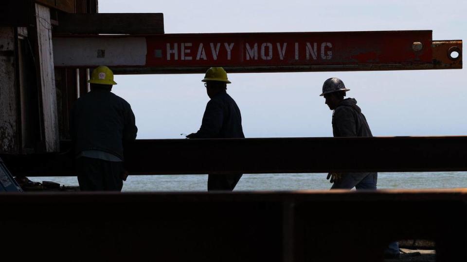 The Cayucos Veterans Memorial Hall is being moved so workers can replace the foundation as the historic 1870s structure is being renovated. Dinuba House Movers Inc. is shifting the building.