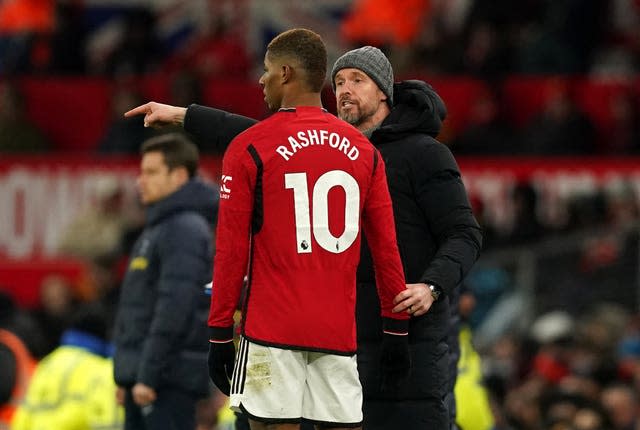 Erik ten Hag speaks to Marcus Rashford during the recent 2-2 draw with Tottenham