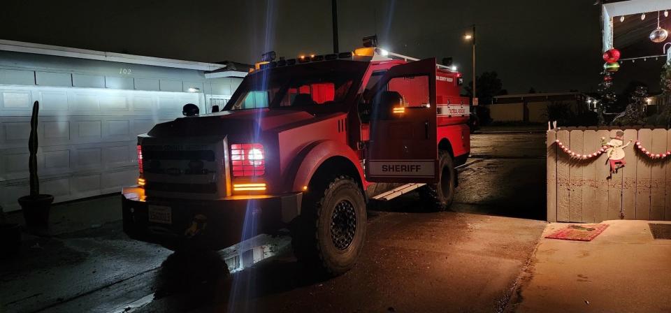 A tactical rescue vehicle owned by the Ventura County Sheriff's Office was used to rescue seven seniors from the flooded Hueneme Bay community in Port Hueneme early Thursday.