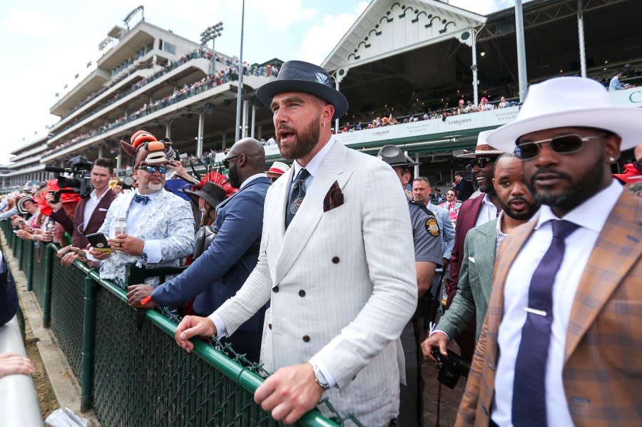 Travis Kelce Looks Dapper at 150th Annual Kentucky Derby Races in White Suit and Coordinating Fedora