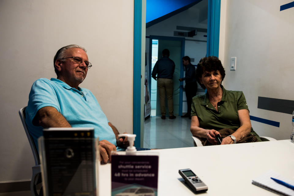 Dan, 77, and Donette Brower, 75, of Spokane, Washington, sit in the consultation room before getting new X-rays and routine cleanings at Sani Dental Group in Los Algodones, Baja California, Mexico, on Oct. 23, 2019. (Photo: Ash Ponders for HuffPost)