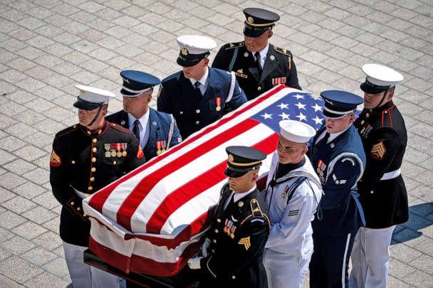 PHOTO: The remains of Hershel Woodrow 'Woody' Williams are carried across the East Front of the U.S Capitol before lying in honor in Washington, D.C., July 14, 2022. (Pool/Reuters)