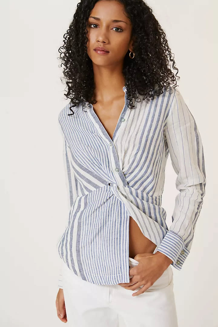 Maeve Twist-Front Linen Buttondown. Image via Anthropologie.