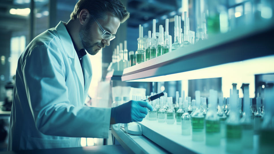 A researcher in a lab preparing a GnRH antagonist peptide injection.