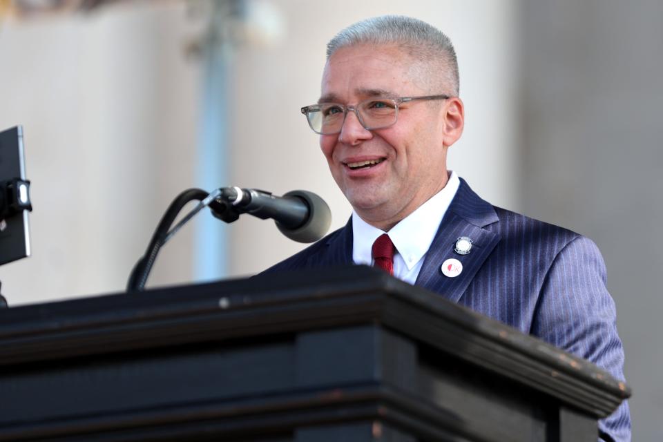 Sen. Michael Brooks speaks during a demonstration in support of the immigrant community before Hispanic Cultural Day Wednesday at the state Capitol.