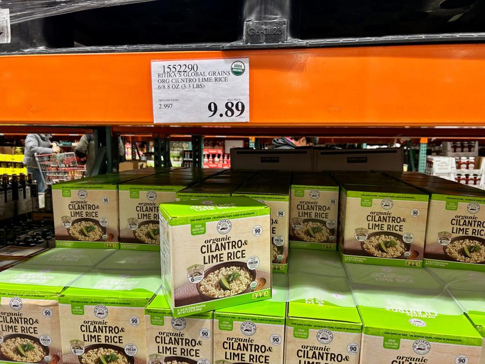 boxes of organic cilantro lime rice on the shelves at costco