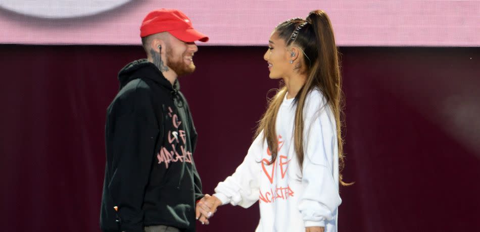 Mac Miller and Ariana Grande perform on stage on June 4, 2017 in Manchester, England