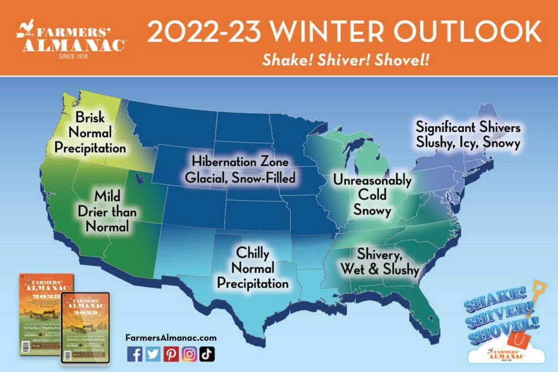 The 2023 Farmers’ Almanac winter outlook map for 2022-2023.