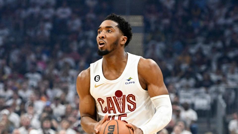 Cavaliers guard Donovan Mitchell drives during Game 1 in the first round of the NBA playoffs against the New York Knicks on April 15.