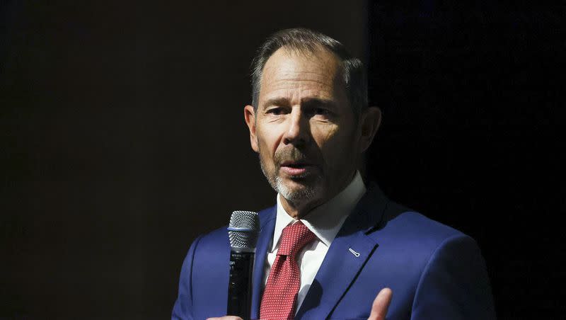 Rep. John Curtis speaks at the second annual Conservative Climate Summit at Utah Valley University in Orem on Friday, Sept. 8, 2023. Curtis announced Monday he would continue in the House of Representatives and not pursue a Senate bid.